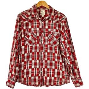 Lucky Brand Pearl Snap Western plaid flannel shirt doublecloth rodeo red medium